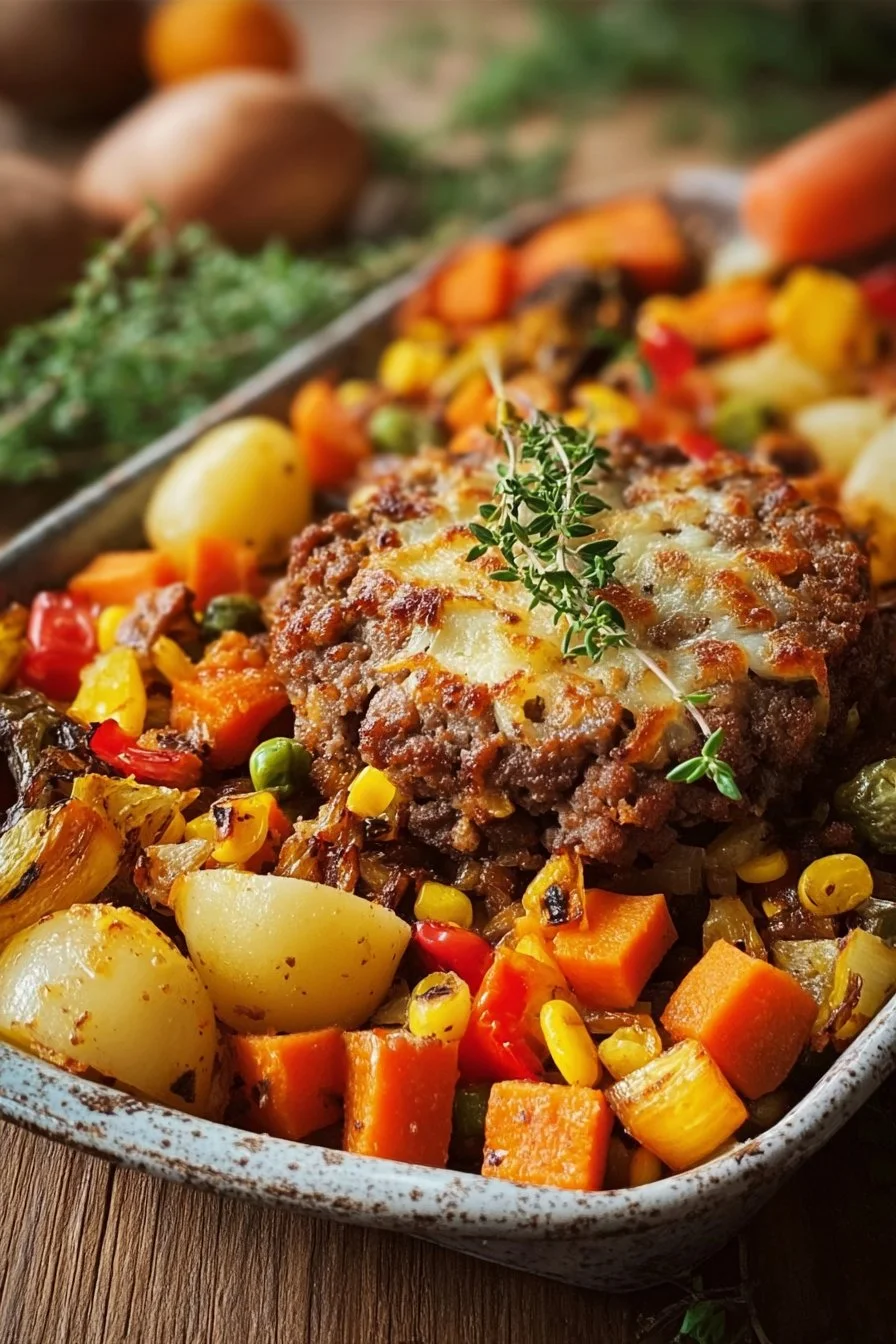 Amish hamburger bake with fall vegetables in a rustic dish