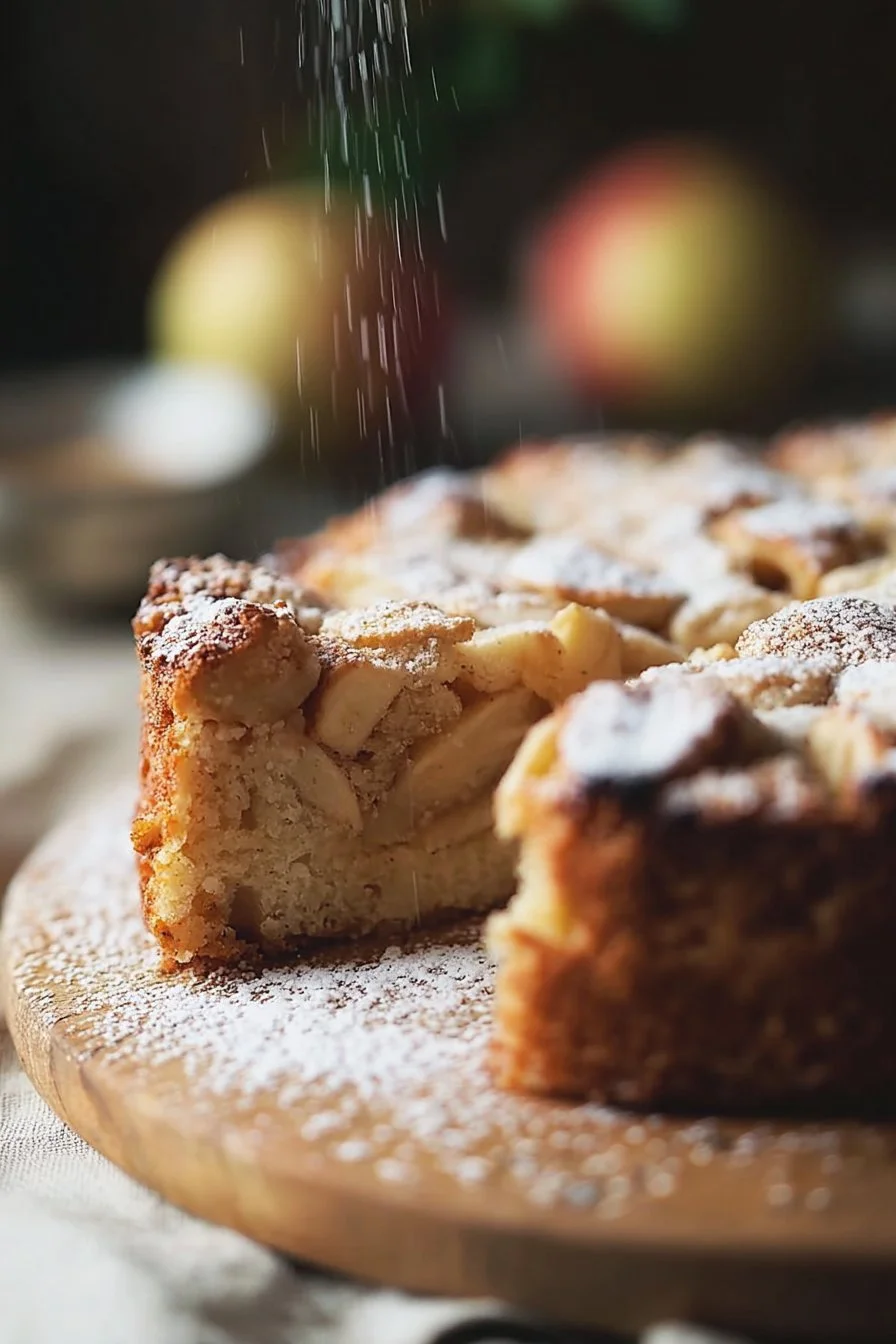 Slice of Authentic Irish Apple Cake topped with cinnamon and apple slices