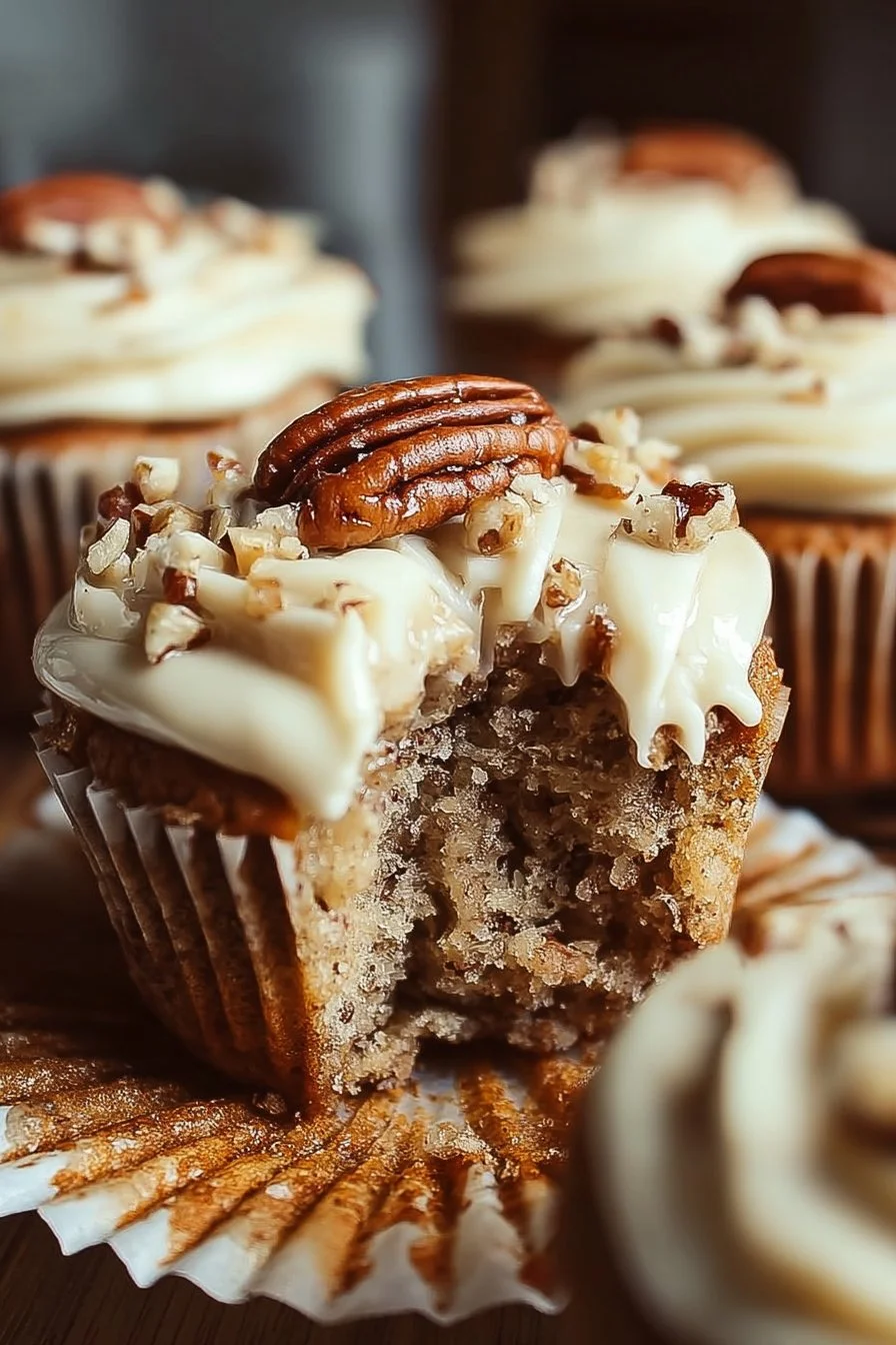 Banana cinnamon pecan cupcakes topped with cream cheese frosting on a plate.
