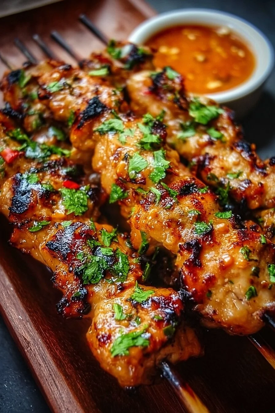 Delicious Bang Bang Chicken Skewers garnished and ready to serve