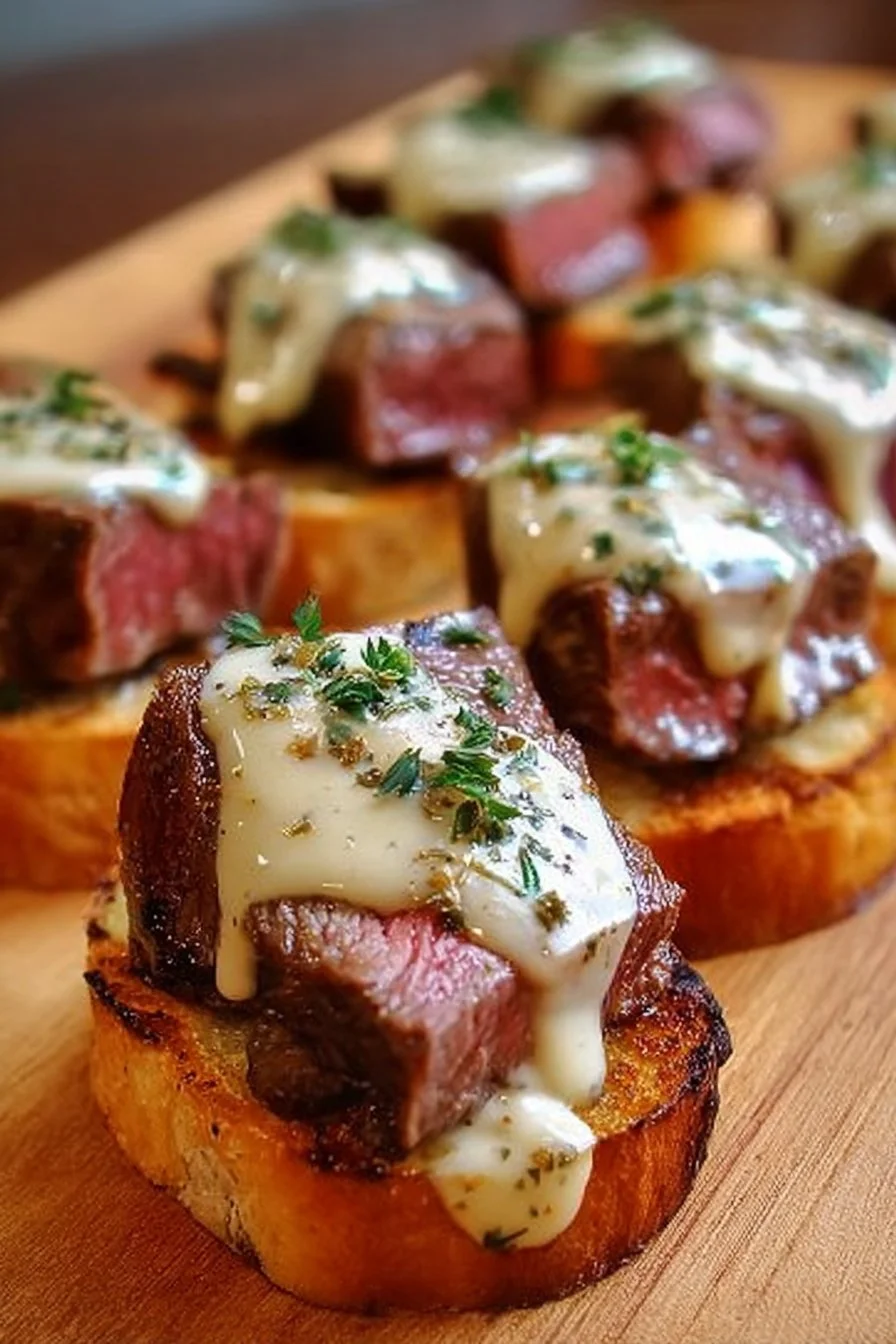 Beef Tenderloin Crostini topped with Parmesan cream sauce on a serving platter.