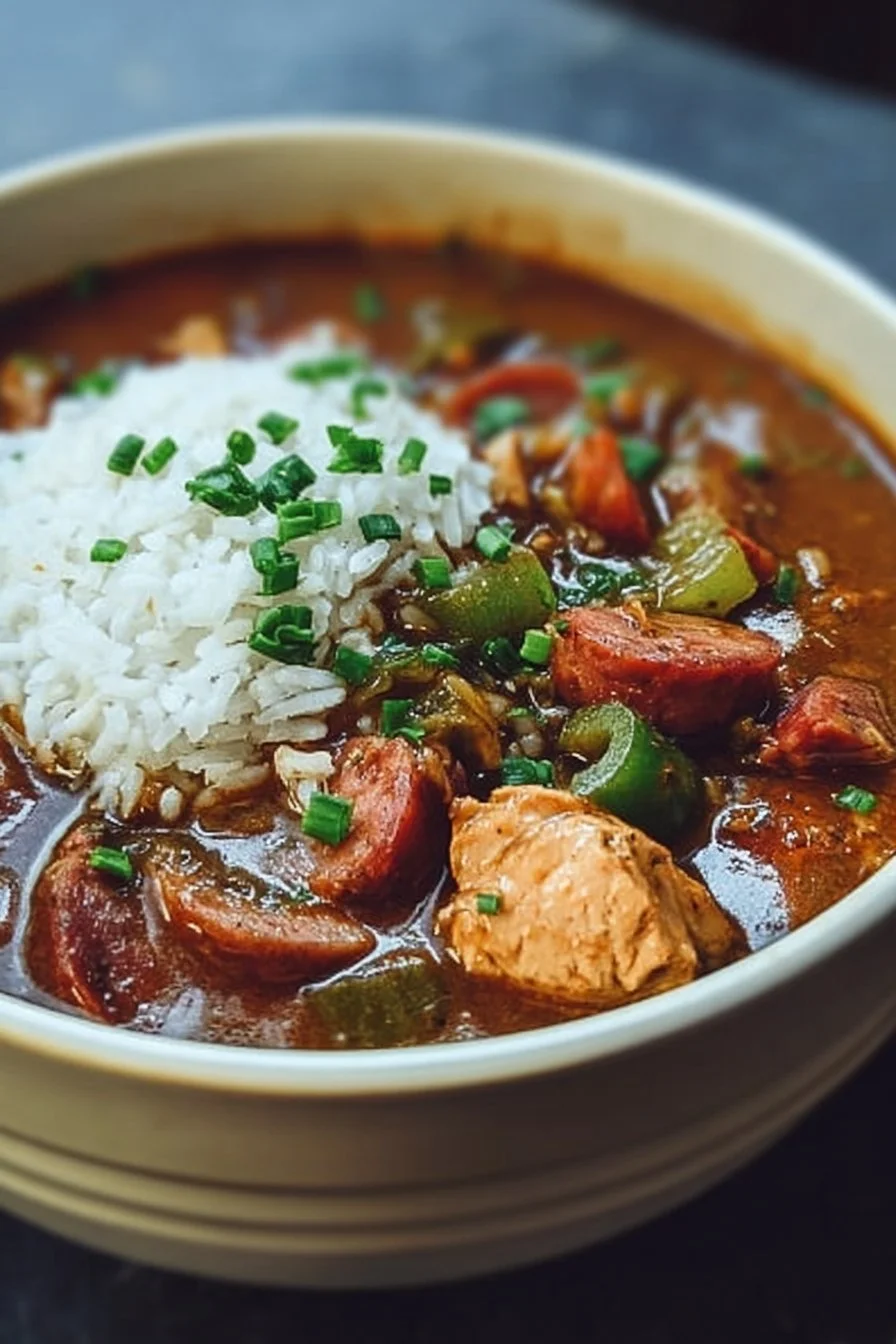 A bowl of delicious Cajun chicken and sausage gumbo filled with spices and vegetables.
