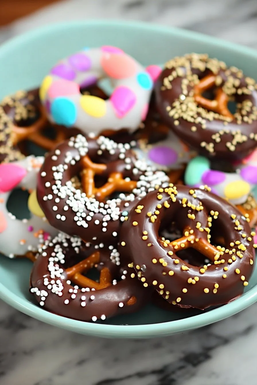 Delicious chocolate covered pretzels decorated for Easter