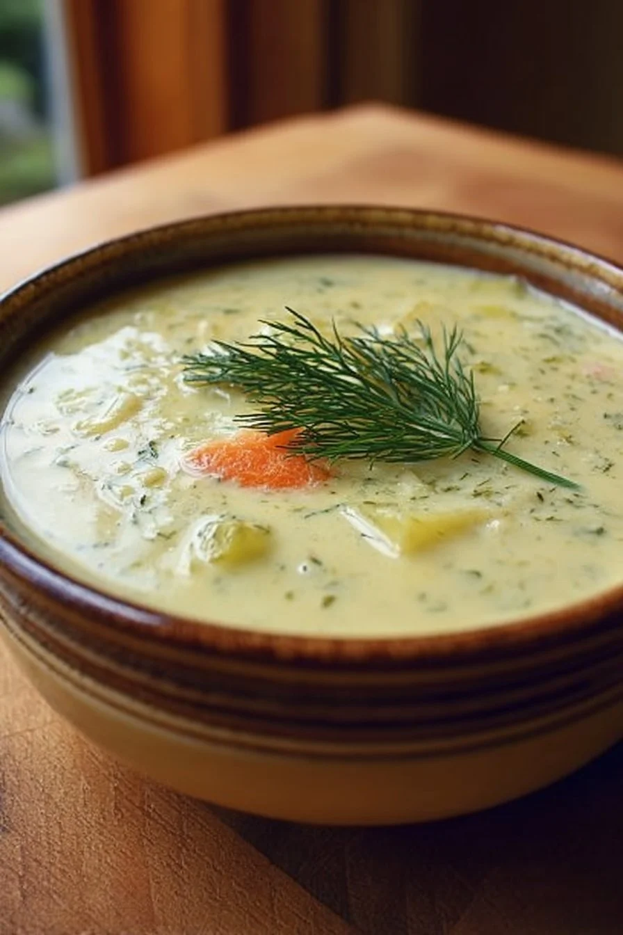 Bowl of creamy dill pickle soup garnished with fresh dill and cucumber slices.