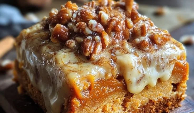 Delicious slice of sweet potato honeybun cake topped with icing.