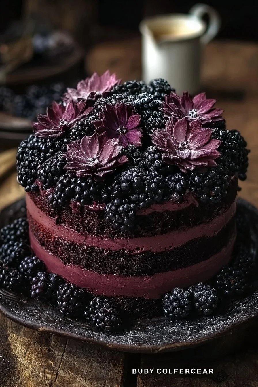Delicious Blackberry Velvet Gothic Cake with rich frosting and blackberries