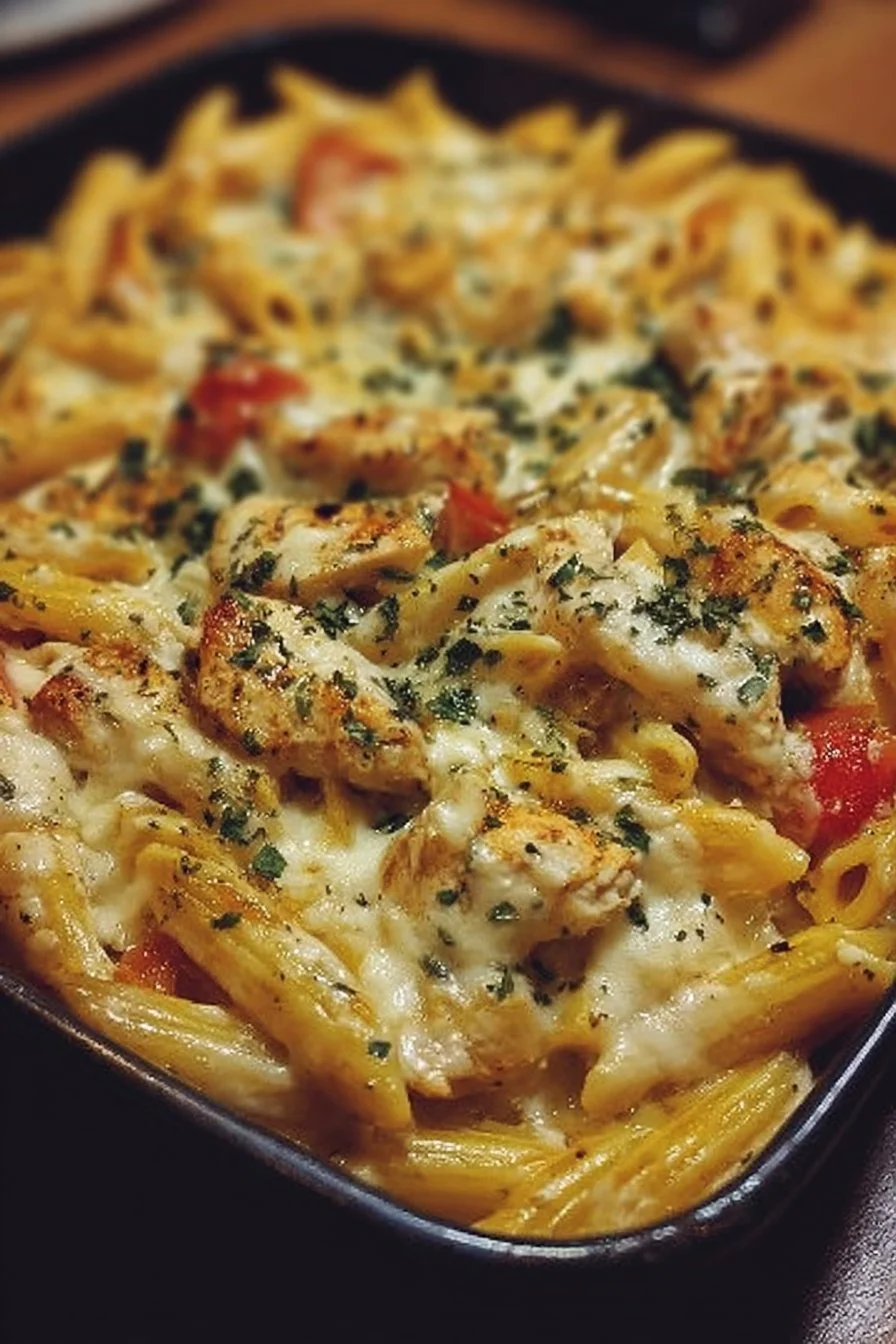 Cajun cream cheese chicken pasta bake topped with herbs and spices