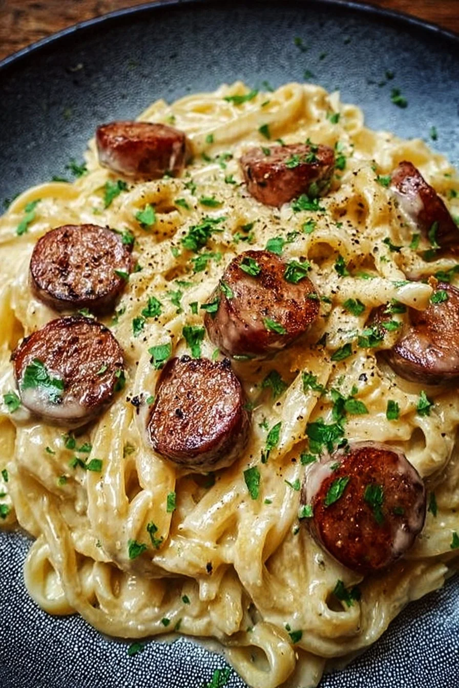 Cajun Smoked Sausage Alfredo Pasta served in a bowl with herbs
