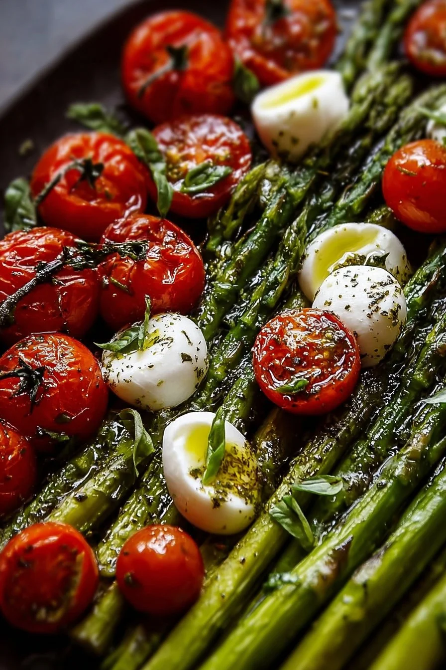 Plate of Caprese Roasted Asparagus garnished with basil and mozzarella
