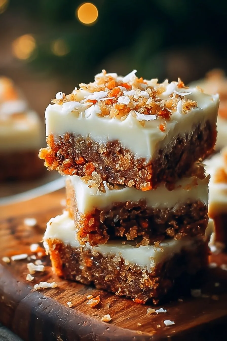 Delicious carrot cake bars topped with creamy cream cheese frosting
