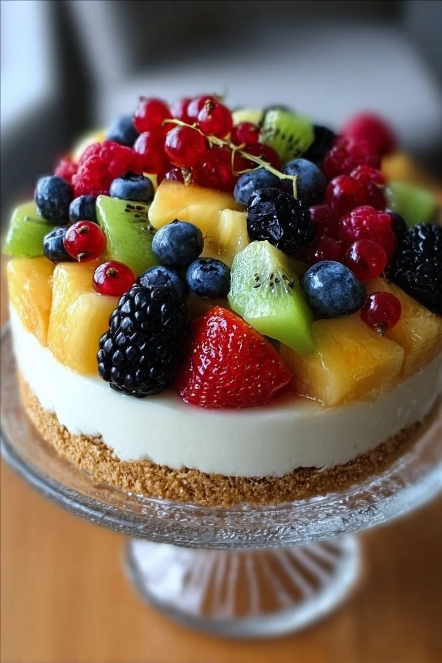 Delicious cheesecake fruit salad with fresh fruits and creamy cheesecake mixture