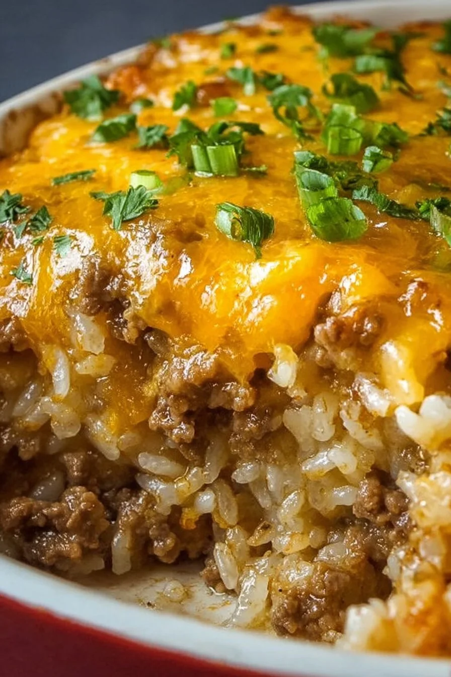 Cheesy Ground Beef and Rice Casserole served in a casserole dish