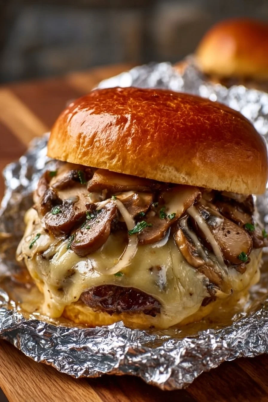 Cheesy mushroom and Swiss burger foil packets ready for grilling.
