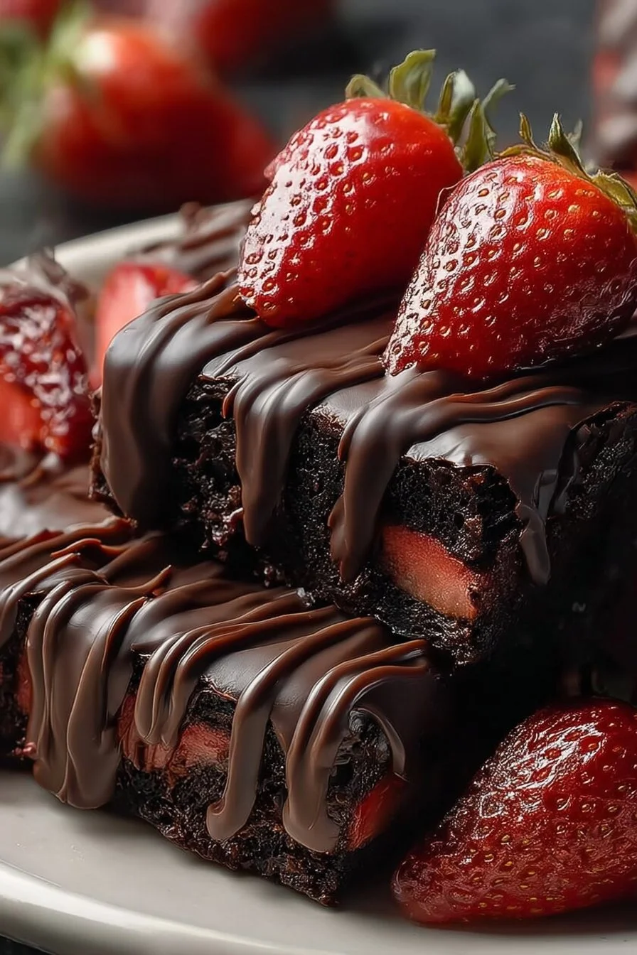 Decadent chocolate-covered strawberry brownies on a white plate