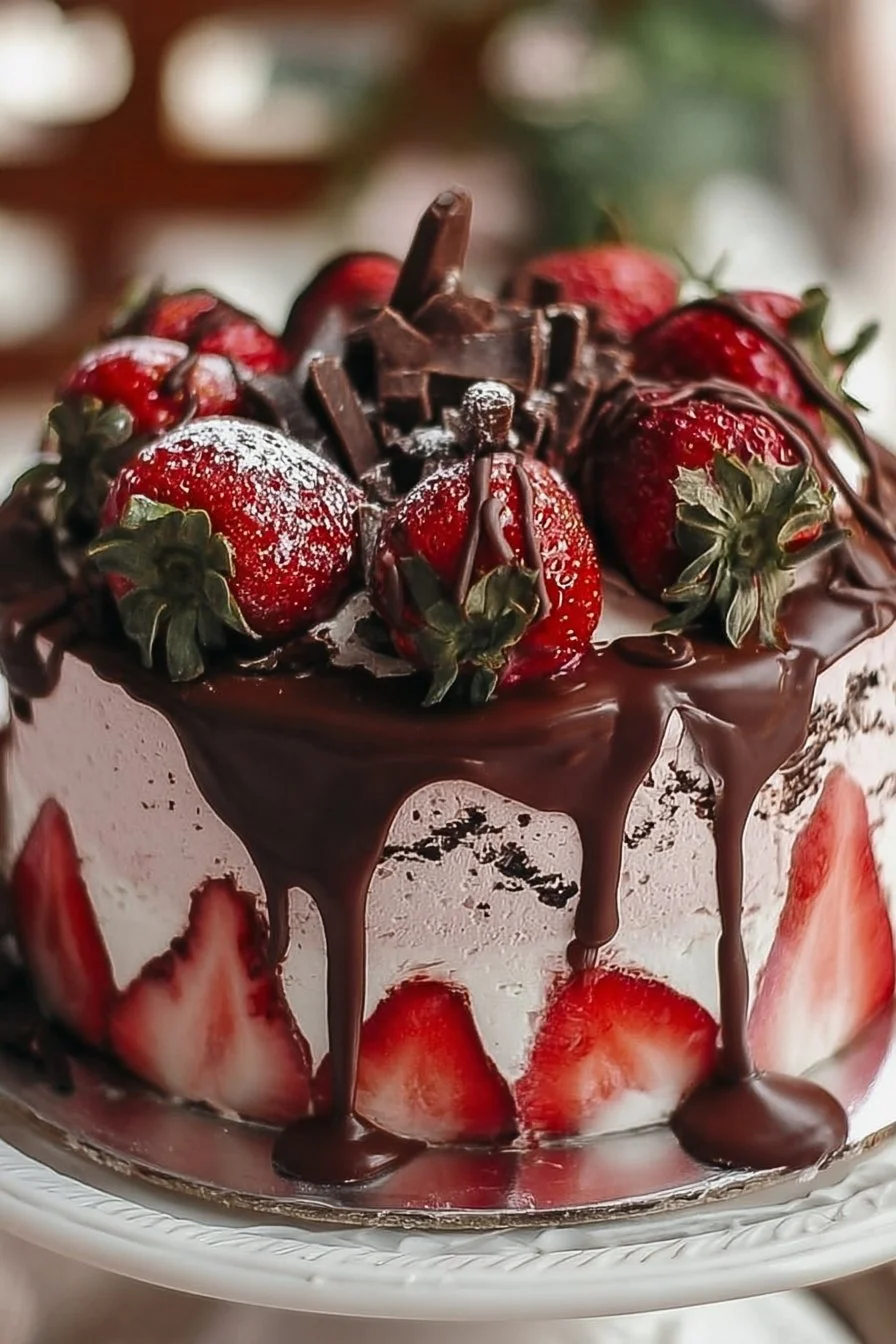 Chocolate covered strawberry ice cream cake with layers of strawberry and chocolate