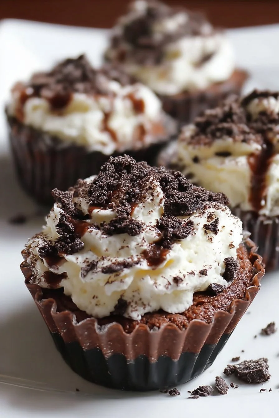 Chocolate Lasagna Cupcakes topped with creamy frosting and chocolate layers