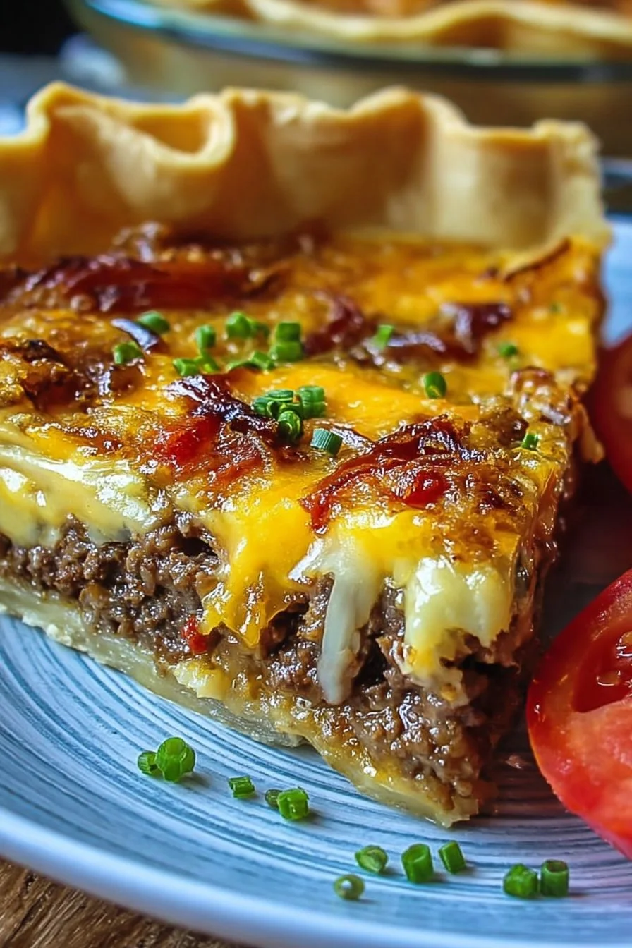 Classic American cheeseburger pie served on a plate