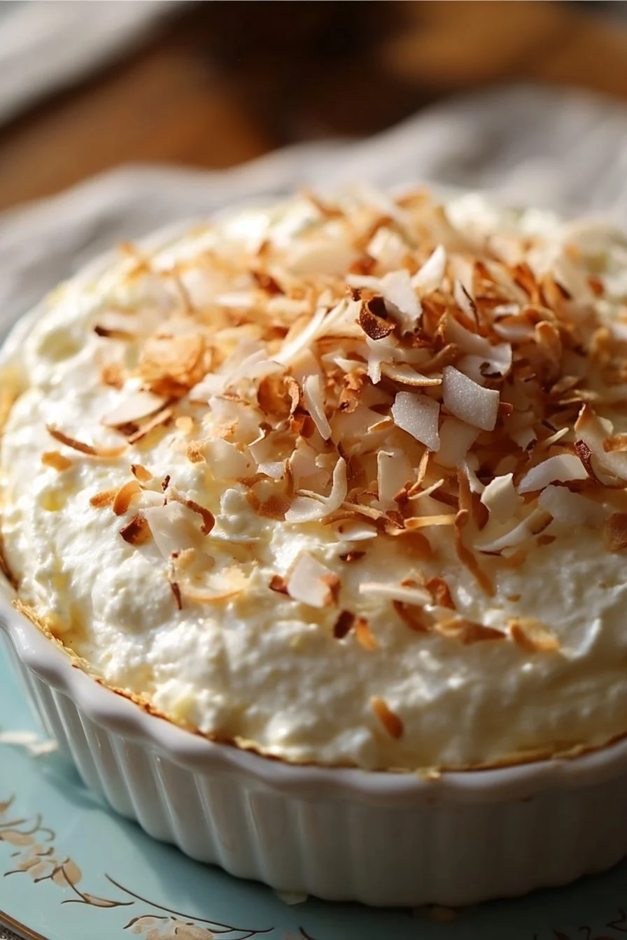 Delicious Coconut Cream Pie Dip served in a bowl with toasted coconut flakes on top.