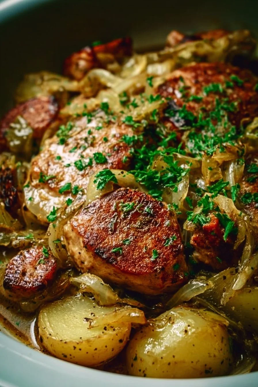 Bowl of comforting crockpot chicken and gravy served with vegetables