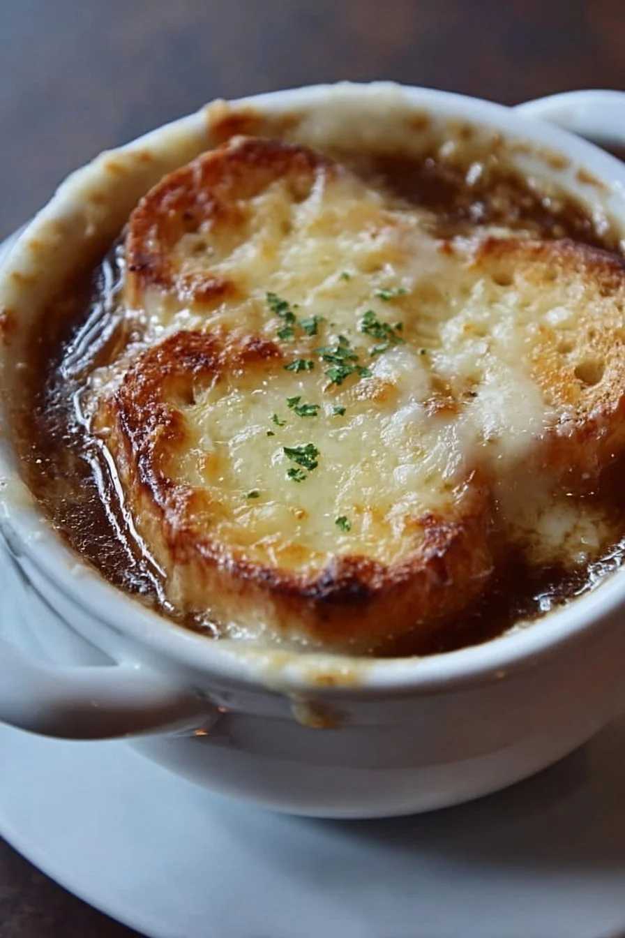 Bowl of slow cooker French onion soup topped with melted cheese and herbs