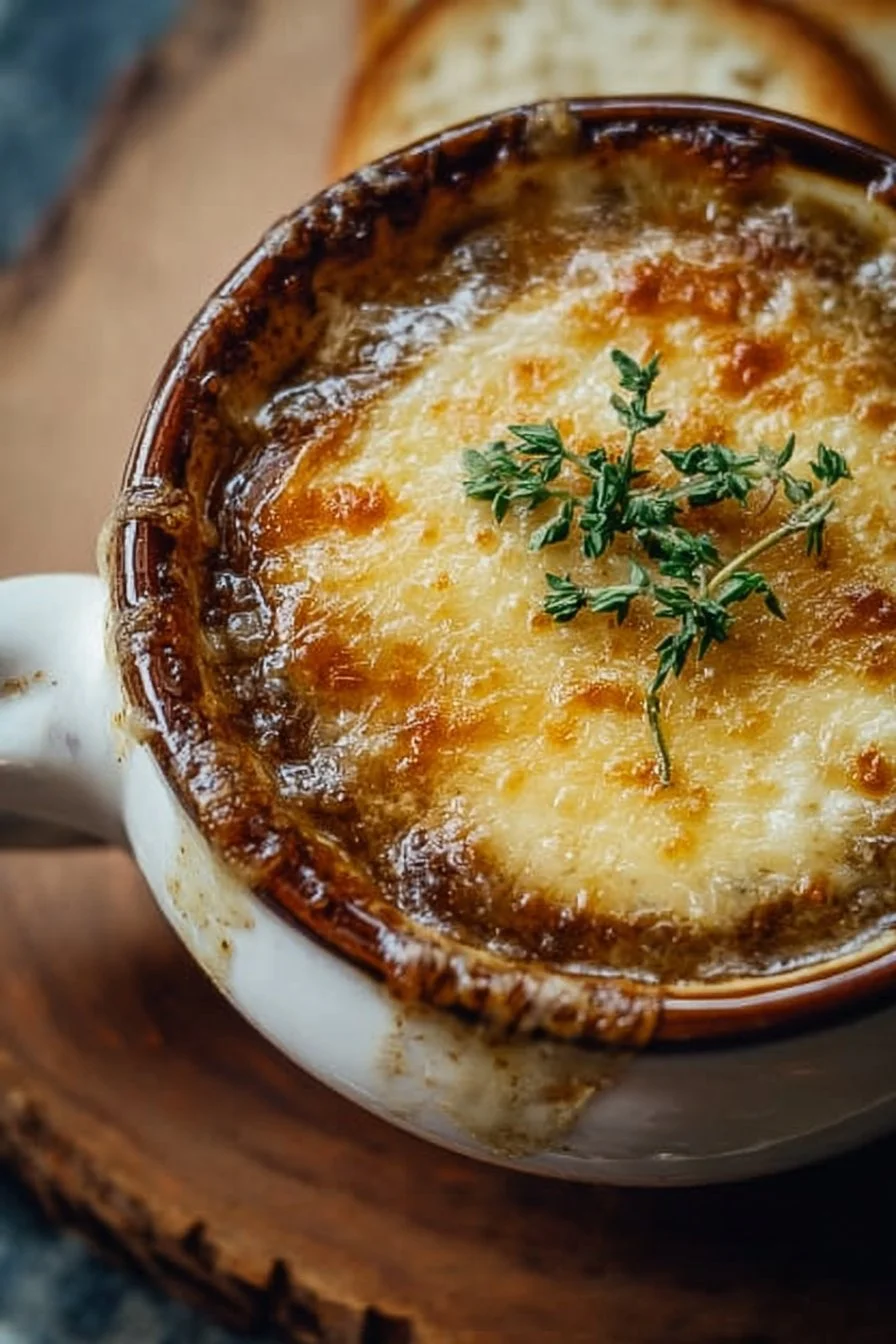 Delicious bowl of Crock Pot French Onion Soup topped with melted cheese