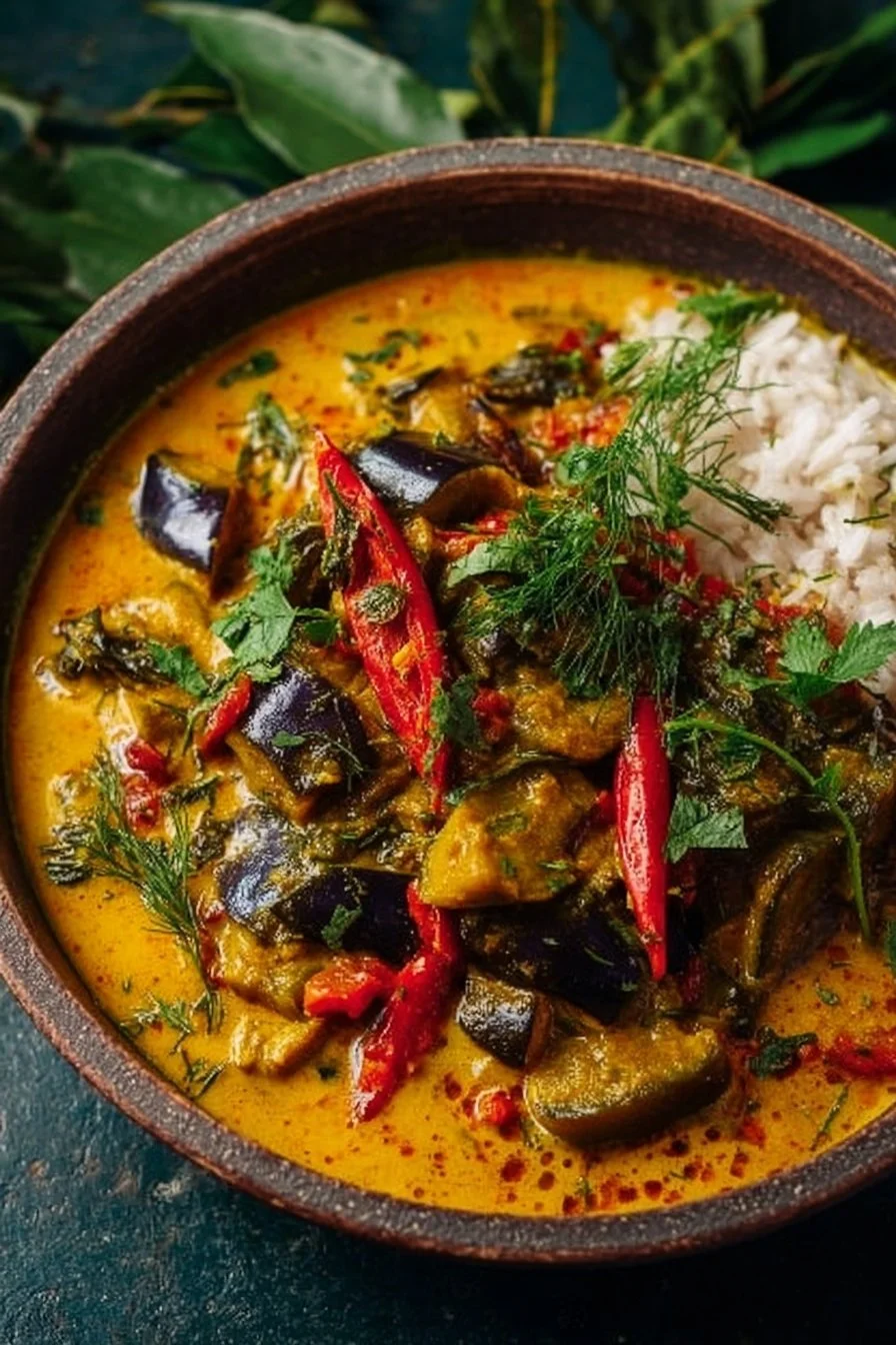 Bowl of creamy aubergine curry garnished with fresh herbs and served with rice.