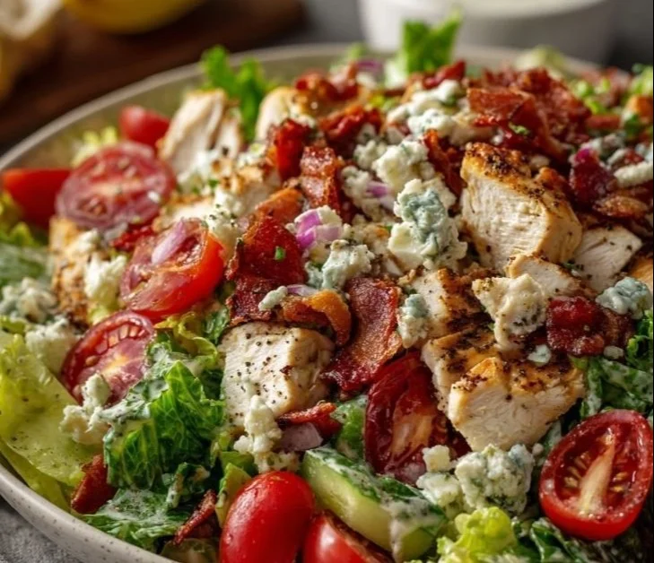 Creamy BLT Chicken Salad with bacon and lettuce on a plate