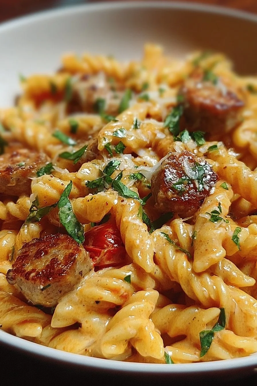 Bowl of creamy Cajun sausage pasta garnished with herbs and spices