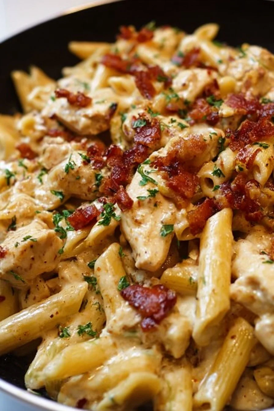 Creamy chicken bacon ranch pasta in a bowl with herbs and bacon toppings.