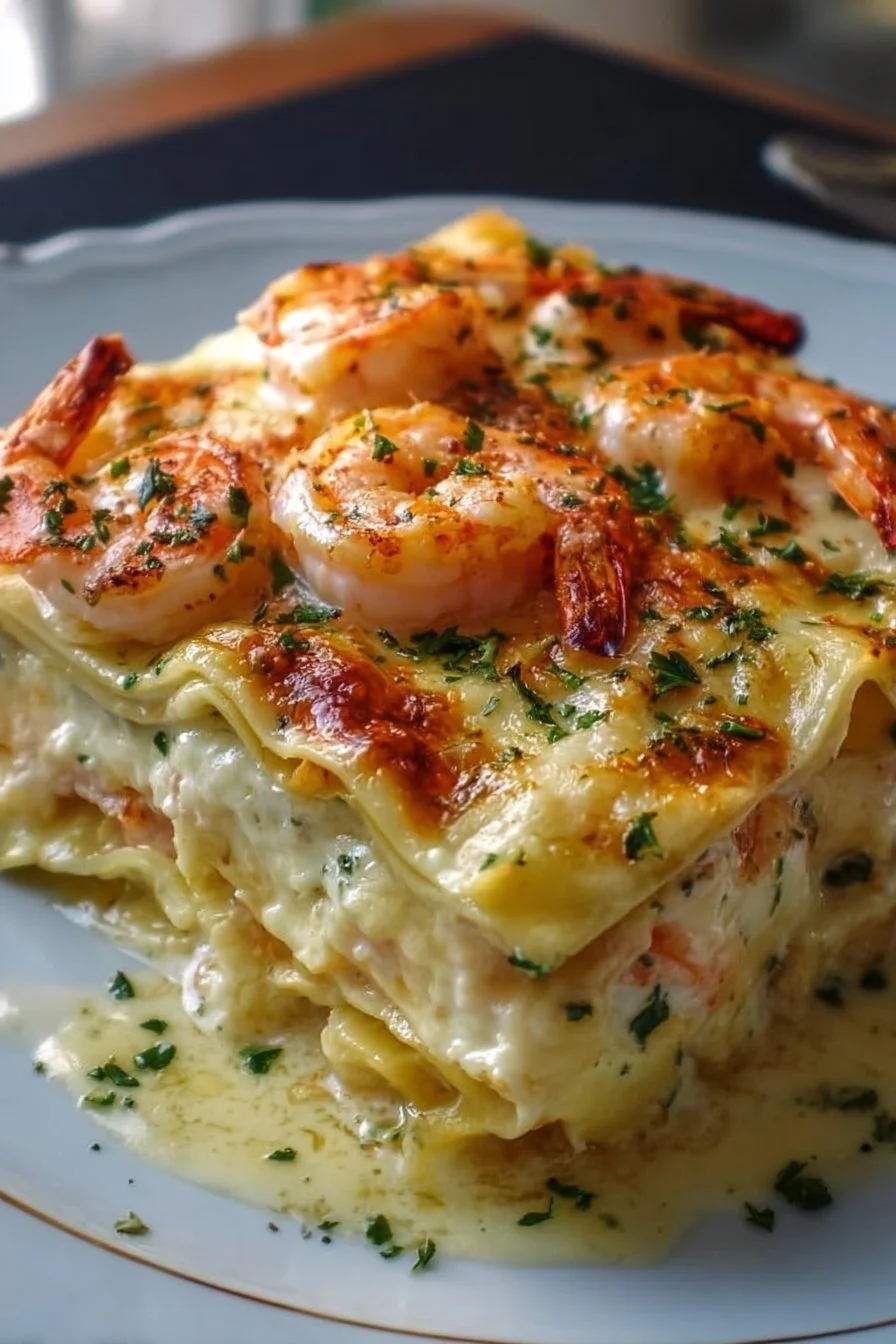 Creamy garlic butter shrimp scampi lasagna topped with herbs and cheese