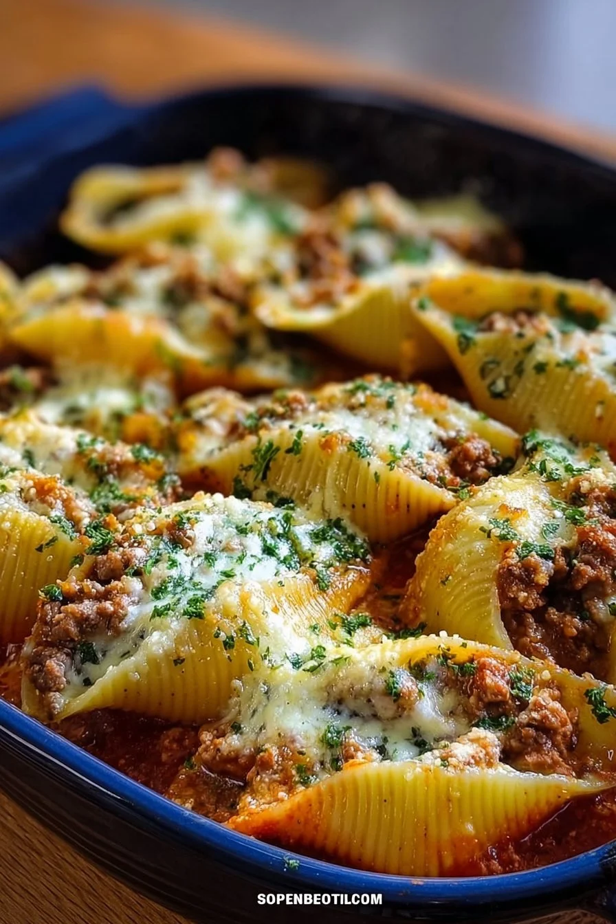 Plate of creamy ricotta beef stuffed shells pasta garnished with herbs.