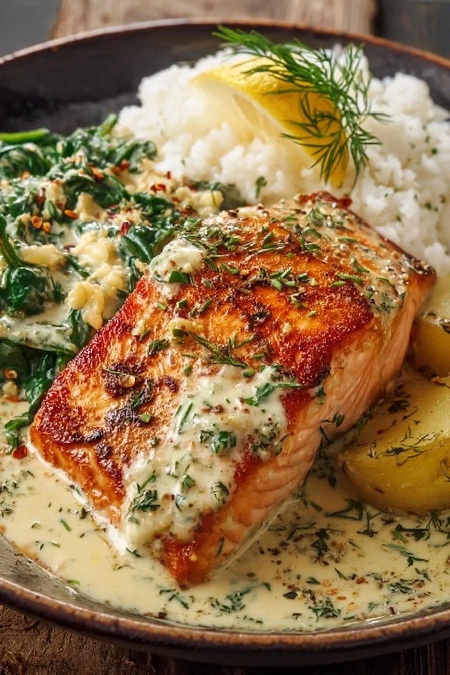 Creamy salmon dish served with vegetables and herbs