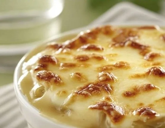 Delicious creamy slow cooker French onion soup served in a rustic bowl.