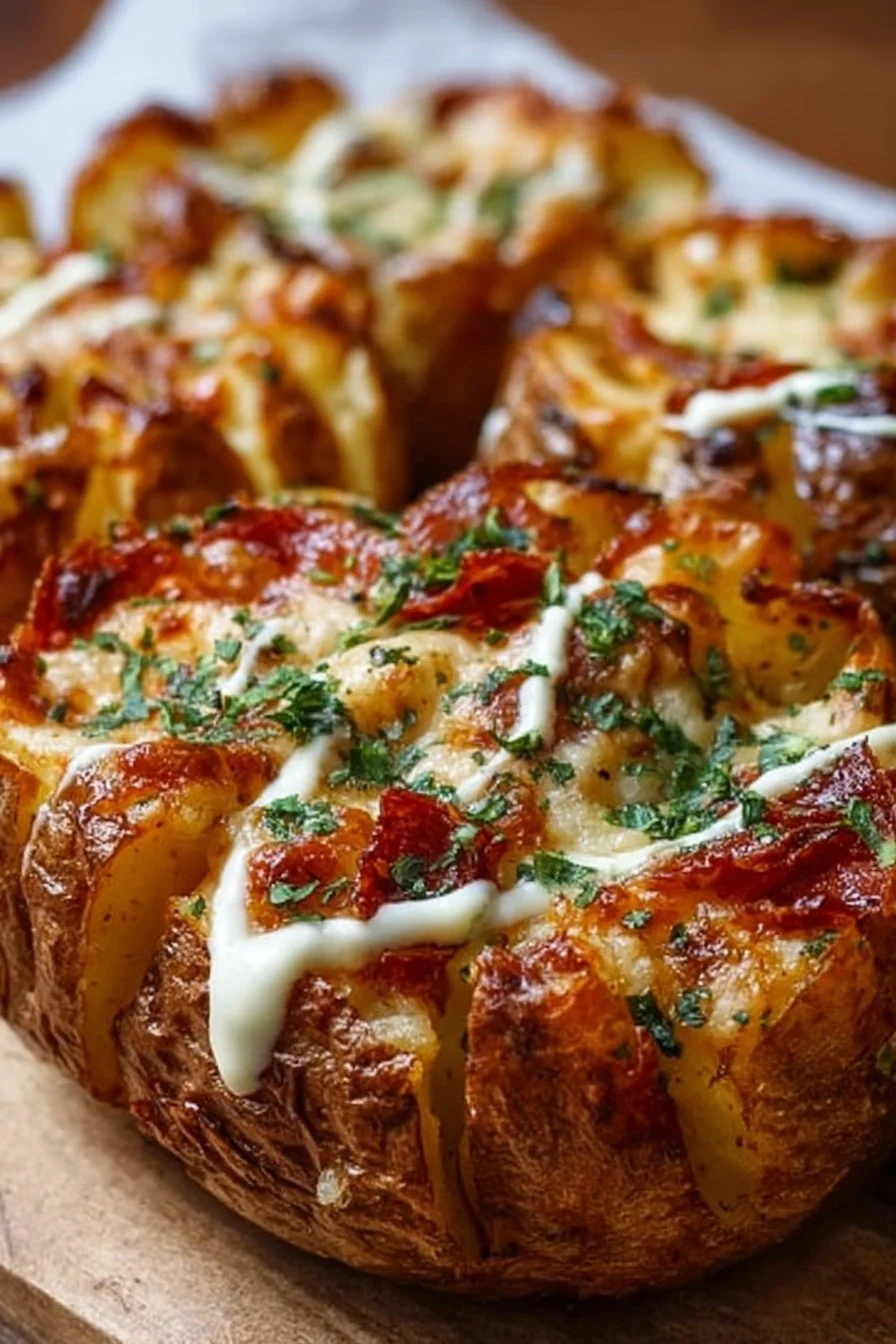 Crispy air fryer baked potato with toppings garnished on a plate