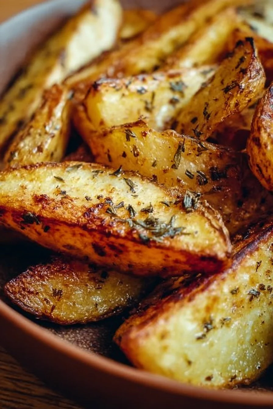 Crispy air-fryer potato wedges served on a plate with dipping sauce