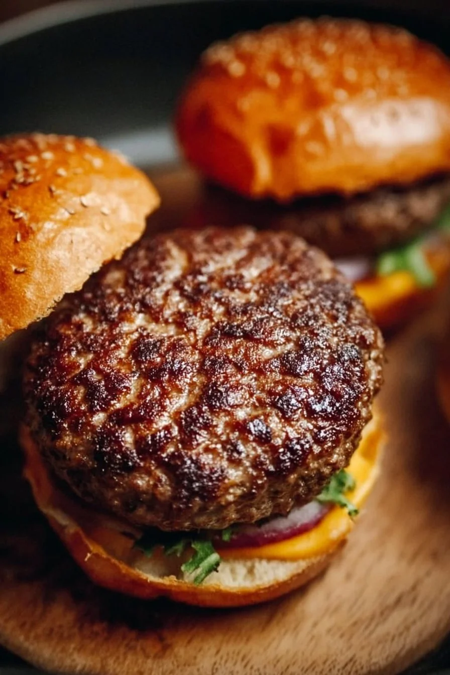 Crispy and juicy air fryer burgers served on a plate with toppings