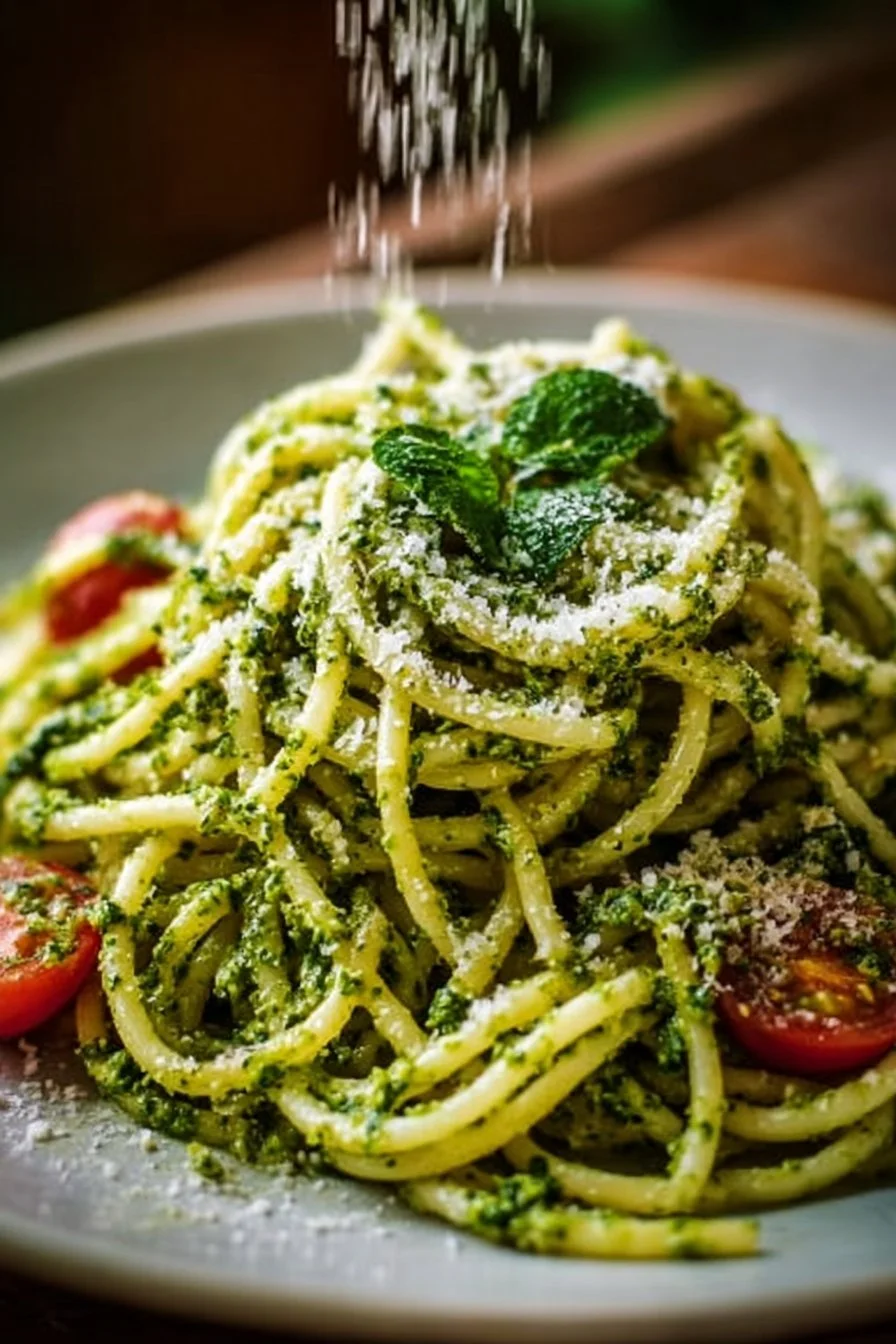Delicious crispy creamy pesto pasta dish with vibrant colors and fresh ingredients.