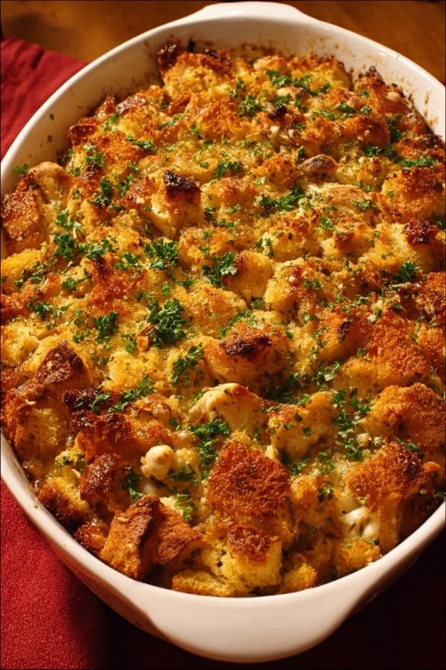 Crispy Dolly’s Chicken and Stuffing Casserole topped with golden crispy coating