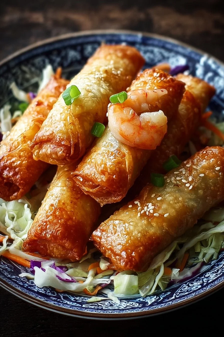 Crispy shrimp and cabbage egg rolls served on a plate.