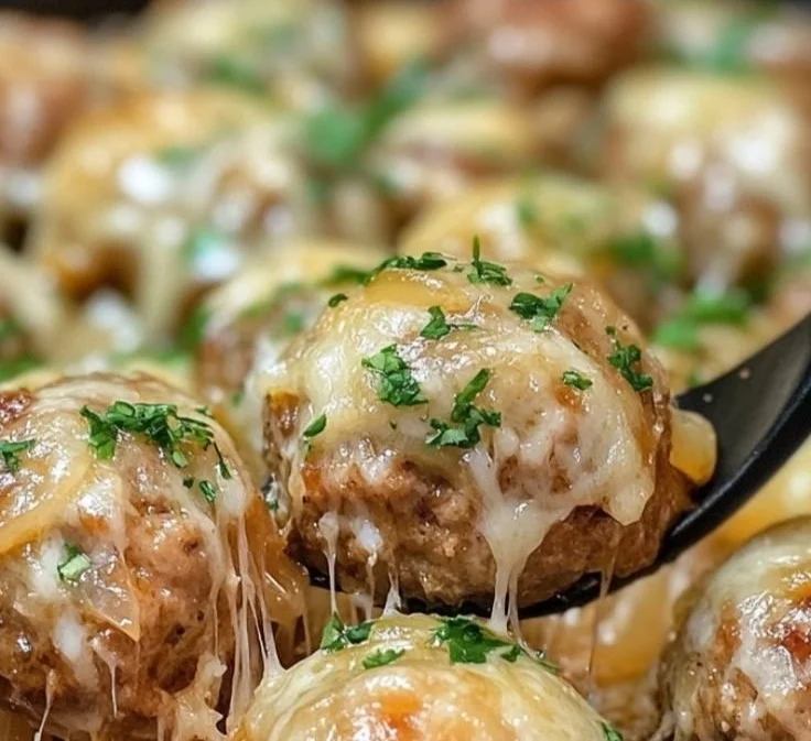 Crock Pot French Onion Meatballs served in a rich onion gravy