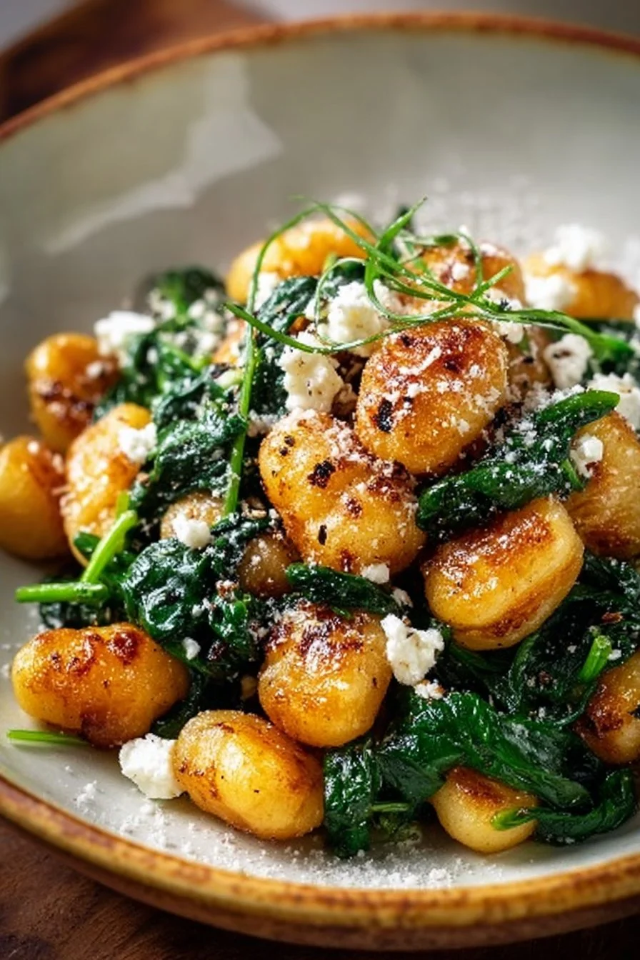 Crispy gnocchi with spinach and feta served in a bowl, colorful and appetizing.