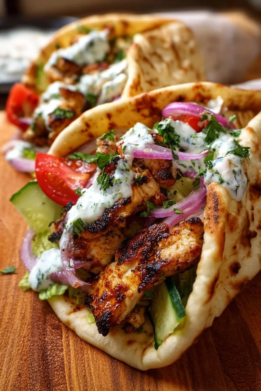 Chicken gyros marinated in Greek yogurt, served at a potluck party.