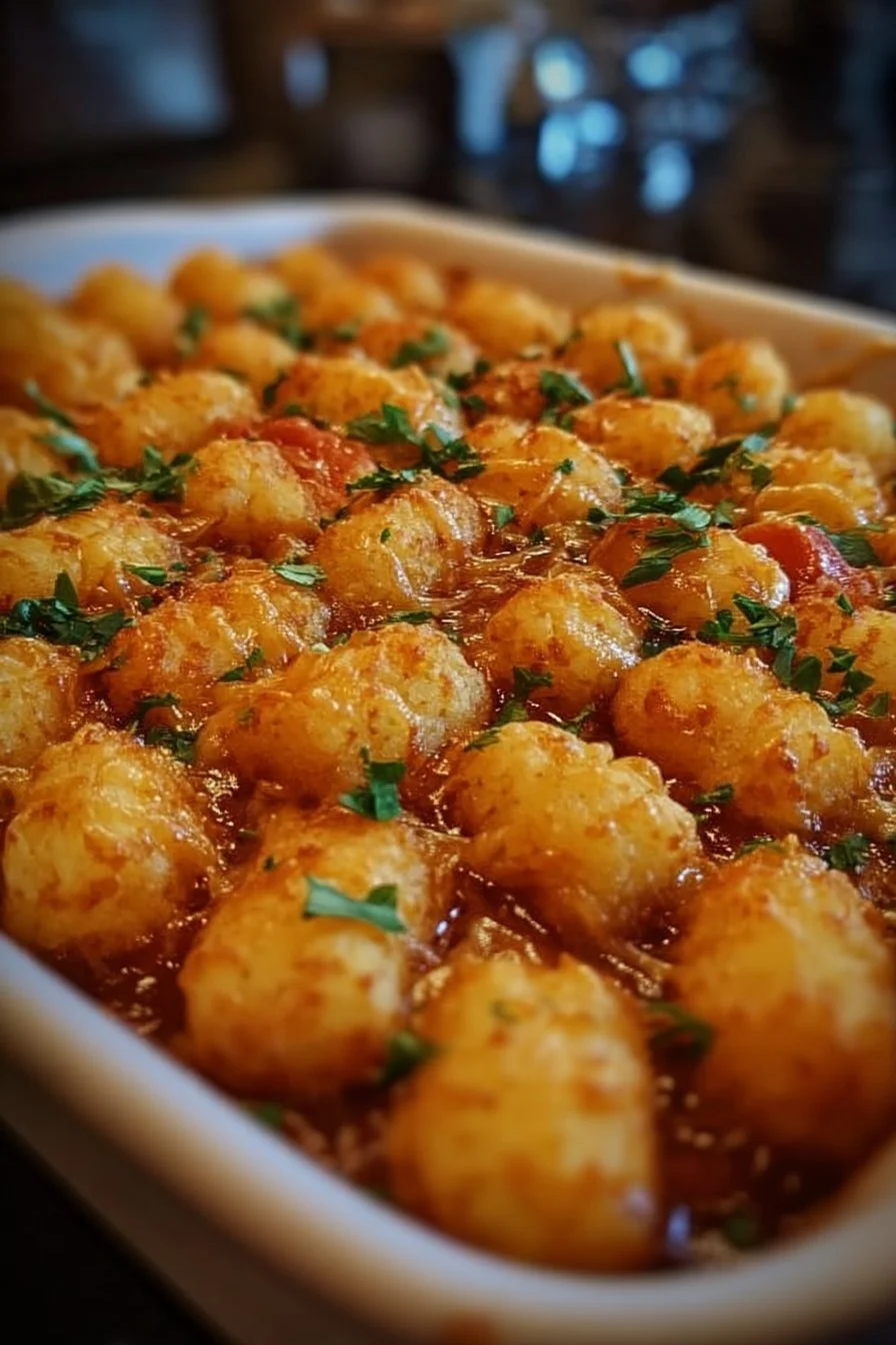 Dairy Free and Gluten Free Tater Tot Casserole topped with crispy tater tots
