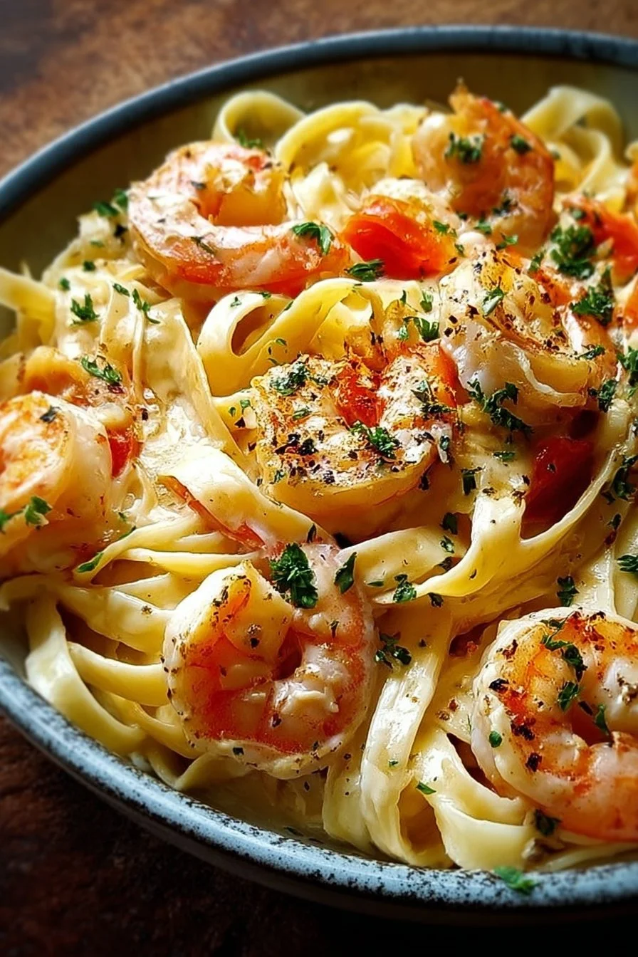 Decadent creamy shrimp fettuccine pasta dish topped with herbs