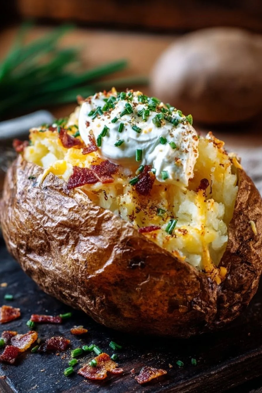 Crispy air fryer baked potato served with toppings