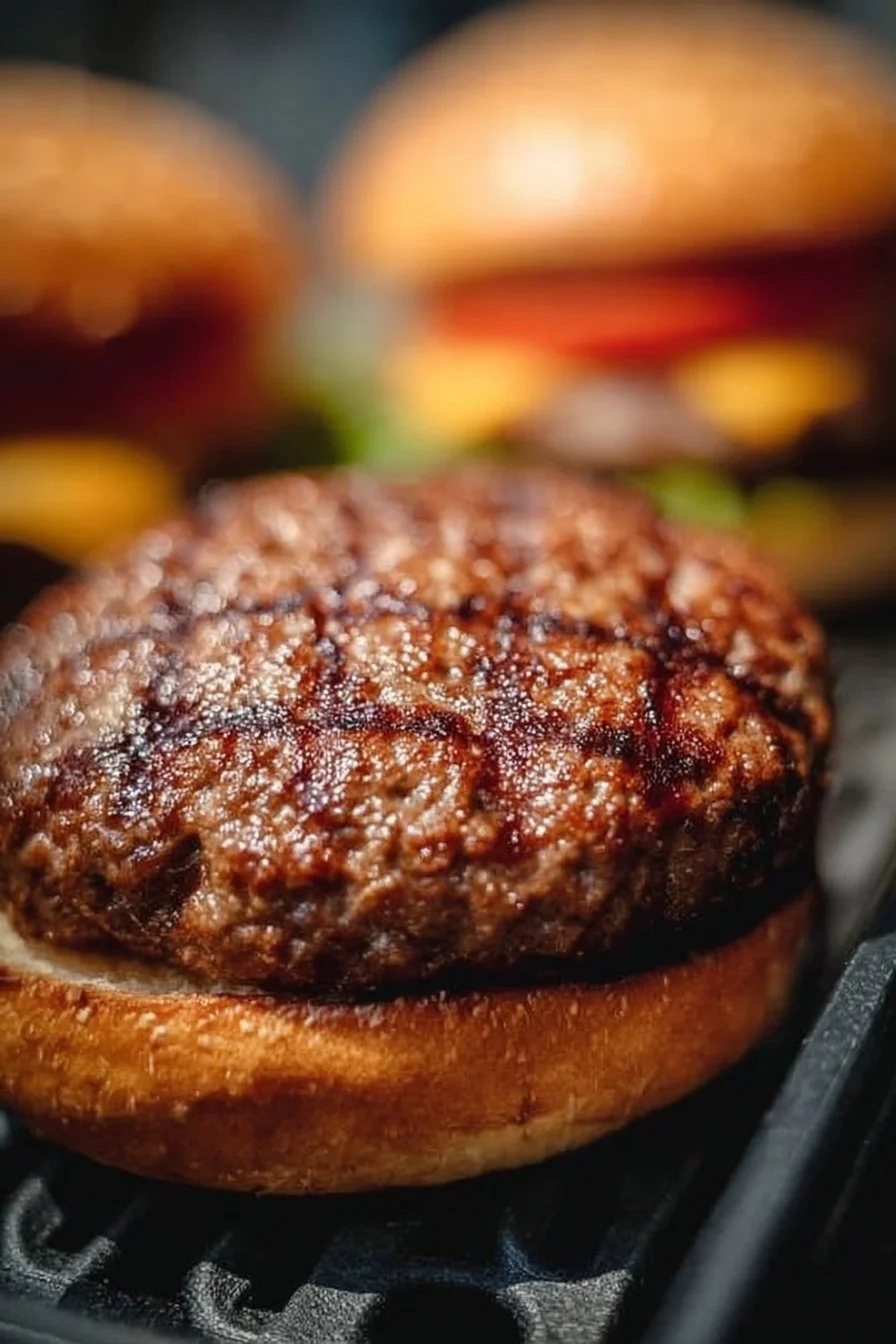 A perfectly cooked air fryer burger served with fresh toppings.