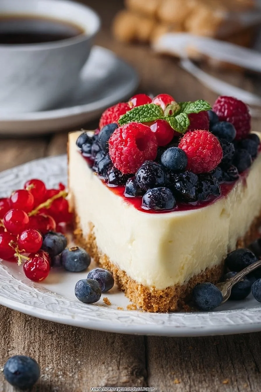 Delicious berry cheesecake topped with fresh berries and a graham cracker crust.