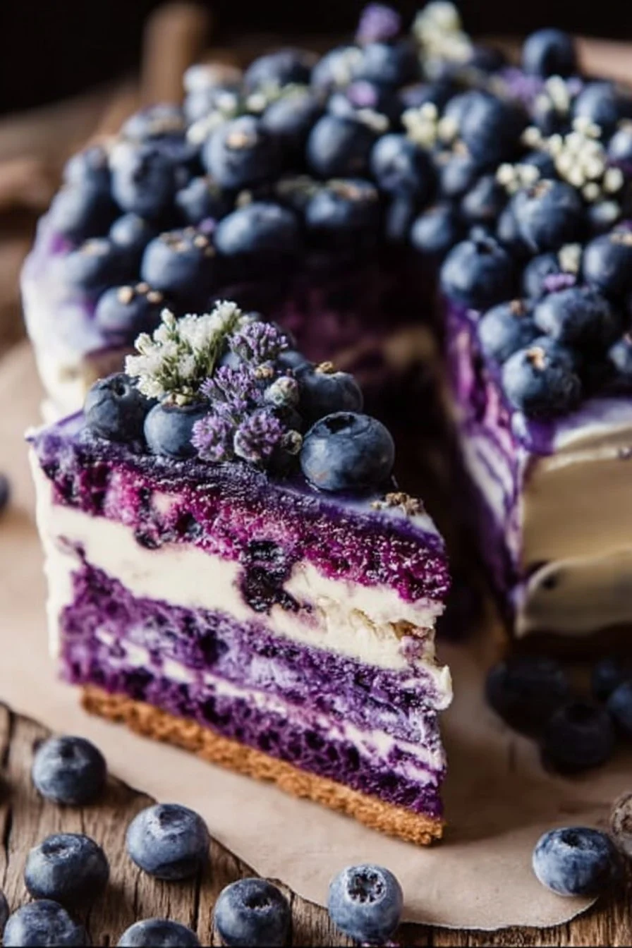 Delicious blueberry lavender cake topped with fresh blueberries and lavender sprigs