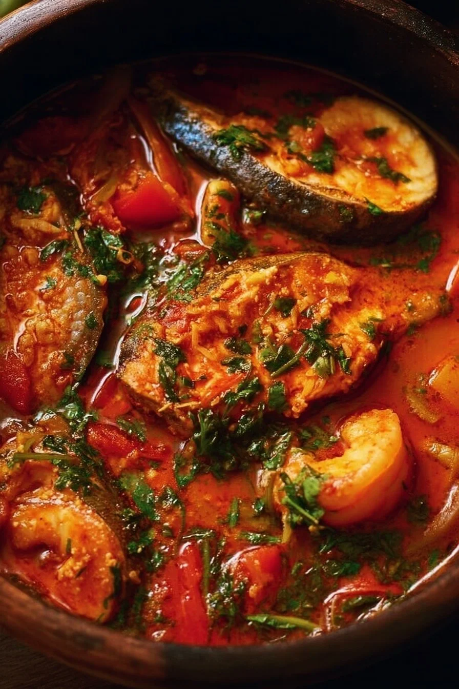 Bowl of delicious Brazilian fish stew with fresh ingredients and spices