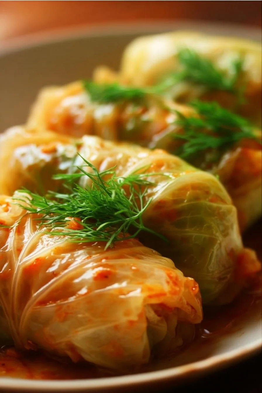 A plate of delicious cabbage rolls filled with seasoned meat and rice.